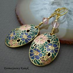 cloisonne,srebro pozłacane,swarovski,kwiaty - Kolczyki - Biżuteria