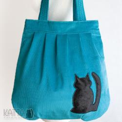 błękitna torba,lazurowa,kocia torba,czarny kot - Na ramię - Torebki