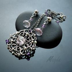 srebro,wire-wrapping,medalion,fiolet,ametyst, - Komplety - Biżuteria