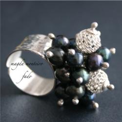 srebro,perły,czarny,pierścionek, - Komplety - Biżuteria