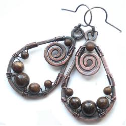 miedziane kolczyki,bronzyt,srebro,wirewrapping - Kolczyki - Biżuteria