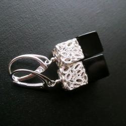eleganckie kolczyki,srebrne kostki,onyks - Kolczyki - Biżuteria