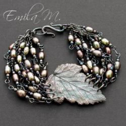 Srebrna bransoletka z perłami i lisciem - Bransoletki - Biżuteria
