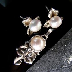 srebro,kobiece,eleganckie,perły,oksydowane, - Komplety - Biżuteria