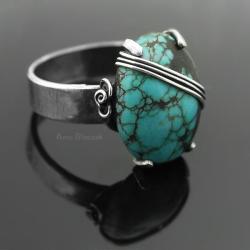 pierścień z turkusem,turkus,niebieski,srebro - Pierścionki - Biżuteria