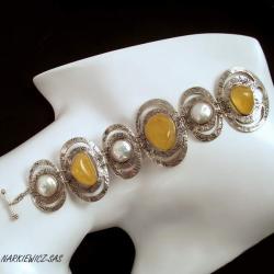 srebrna bransoleta,bursztyn,perły,handmade, - Bransoletki - Biżuteria