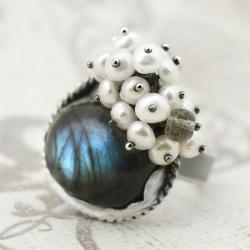 pierścień,z labradorytem,srebro,perły,pierścionek - Pierścionki - Biżuteria