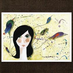 ilustracja,dziewczynka,ptaki,kolory - Ilustracje, rysunki, fotografia - Wyposażenie wnętrz