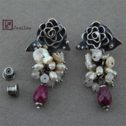 róże,perły,rubin,retro,kolczyki,eleganckie - Kolczyki - Biżuteria
