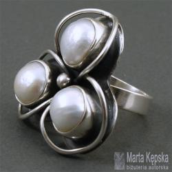 perły,srebrny pierścionek z perłami - Pierścionki - Biżuteria