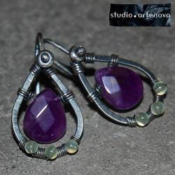 łezka,małe kolczyki,ametyst,wire wrapping,kropla - Kolczyki - Biżuteria