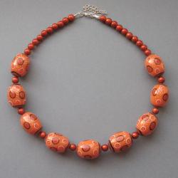 etniczne korale,intensywny pomarańcz,polymer clay - Naszyjniki - Biżuteria