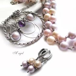 ekskluzywny,perły,pastele,róż,wrzos - Komplety - Biżuteria
