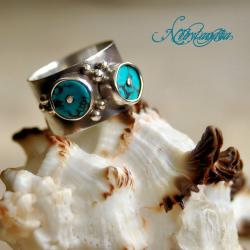 pierścionek z kuleczkami,naturalnym turkusem - Pierścionki - Biżuteria