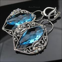 błękitne kolczyki swarovski,bogate,wire wrapping - Kolczyki - Biżuteria