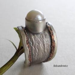 srebro oksydowane perła naturalna,miedż - Pierścionki - Biżuteria