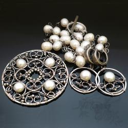 wiktoriański,srebro,misterny,wire-wrapping,perły - Komplety - Biżuteria