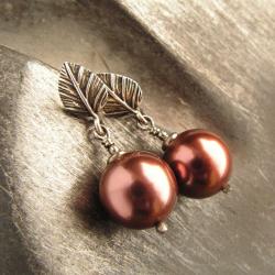 perełki swarovski,liscie,kolczyki z liściem - Kolczyki - Biżuteria
