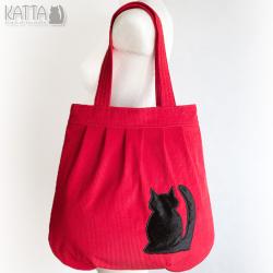 kocia torba,czerwony sztruks,czarny kot - Na ramię - Torebki