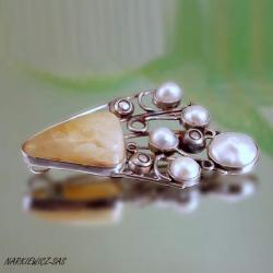 srebrny wisior z bursztynem i perłami - Wisiory - Biżuteria