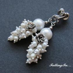 kolczyki,gronka,perłowe,białe,róża - Kolczyki - Biżuteria