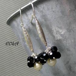 srebrne kolczyki z onyksami i perłami - Kolczyki - Biżuteria