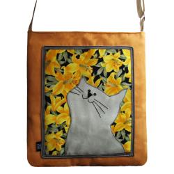 torba,pojemna,zamsz,kot,żółty,lilie,kwiaty - Na ramię - Torebki