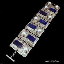 unikatowa srebrna bransoleta perły i lapis lazuli - Bransoletki - Biżuteria