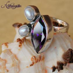 pierścionek z perłami,fioletowa cyrkonia - Pierścionki - Biżuteria