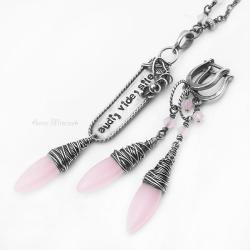 srebrny komplet z kwarcem różowym,wire-wrapping - Komplety - Biżuteria