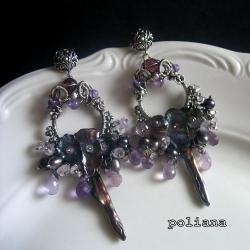 wire-wrapping,vintage,eleganckie,perły,fiolet - Kolczyki - Biżuteria