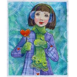ilustracja,dziewczyna,zima,serce - Ilustracje, rysunki, fotografia - Wyposażenie wnętrz