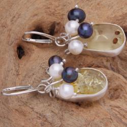 słoneczne kolczyki z perłą i bursztynem - Kolczyki - Biżuteria