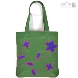 zielona torba,kwiatowe aplikacje,fioletowe kwiaty - Na ramię - Torebki