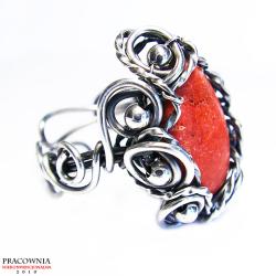 pierścień,pierścionek,srebrny,koral,oksydowany - Pierścionki - Biżuteria