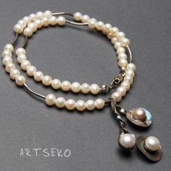 srebro,perła słodkowodna - Naszyjniki - Biżuteria