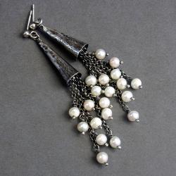 925,kobiece,perełki,oksyda,srebro,wiszące,rożek - Kolczyki - Biżuteria