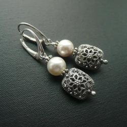 srebrne,kolczyki,bali,biała perła - Kolczyki - Biżuteria