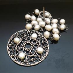 medalion,wiktoriański,wire-wrapping,srebro,koronka - Naszyjniki - Biżuteria