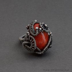 koral,srebro,pierścionek,wire wrapping - Pierścionki - Biżuteria