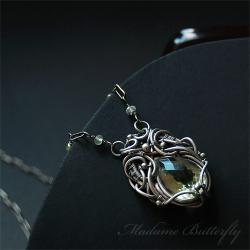 wyjątkowy,wire-wrapping,prasiolit,unikatowy - Naszyjniki - Biżuteria