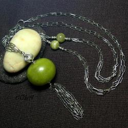 srebrny naszyjnik z zielonym koralem - Naszyjniki - Biżuteria