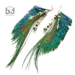 kolczyki z pawimi piórami,perłami i swarovski - Kolczyki - Biżuteria