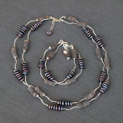 komplet ze srebra,muszli tęczowej i pereł - Komplety - Biżuteria