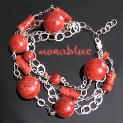 czerwona,koralowa,srebrna,na łańcuszkach - Bransoletki - Biżuteria