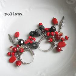 wire-wrapping,czerwone,koral,granat,pióro - Kolczyki - Biżuteria