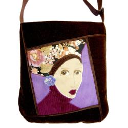 torba,fioletowa torebka,aksamit,aplikacja,brązowy - Na ramię - Torebki