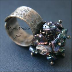 srebro,perły,perłowy,pierścionek,oksydowany,keishi - Pierścionki - Biżuteria