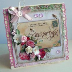 romantyczna,urodziny,róże,retro,pocztówka - Kartki okolicznościowe - Akcesoria