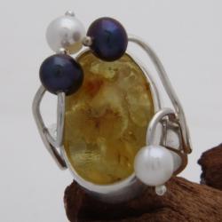 bursztynowy pierścień z perłami - Pierścionki - Biżuteria